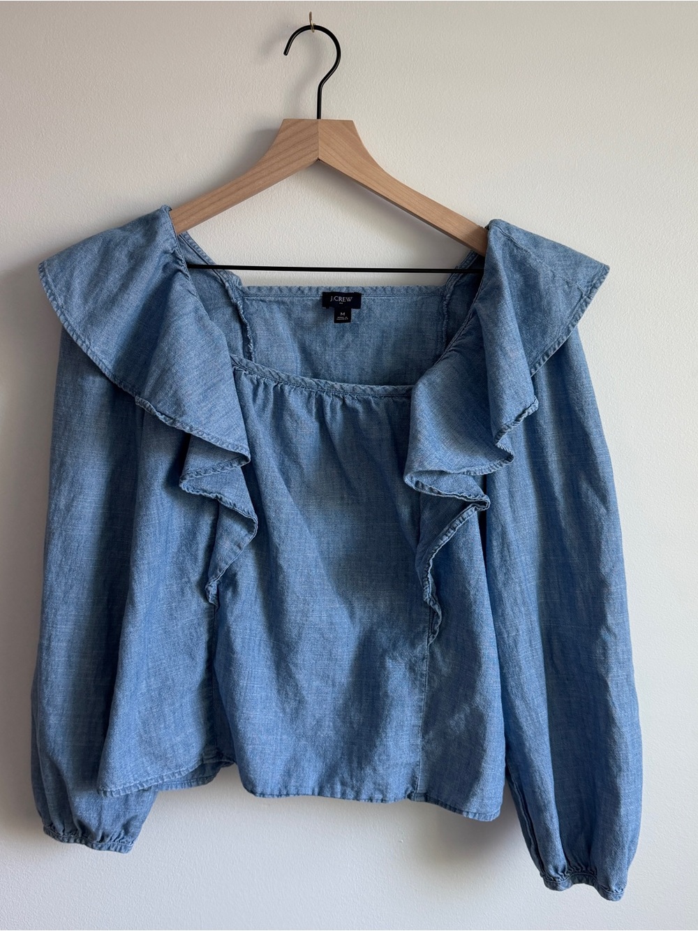 J. Crew Denim Chambray Ruffle 100% Cotton Peasant Top - Medium